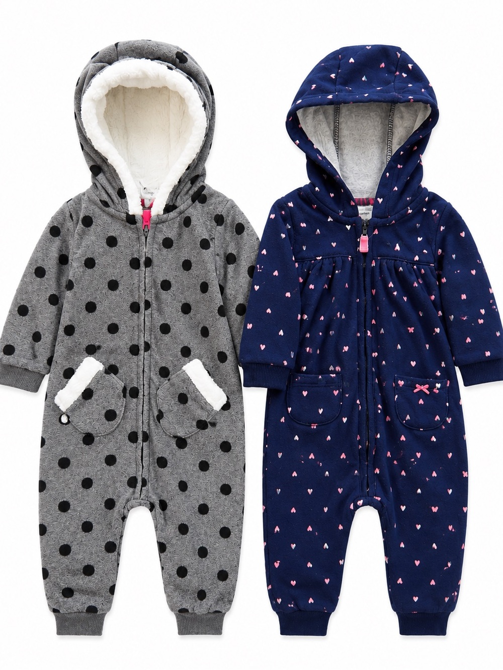 Carter’s Baby Girl Hooded Fleece Jumpsuit Romper Lot 9M Hearts Polka Dot